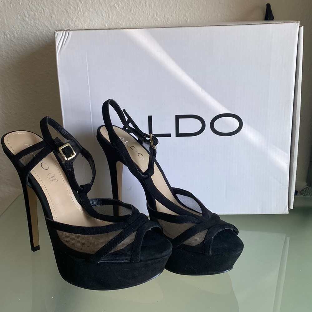 Aldo Black Fawnia Peeptoe Platform Heels